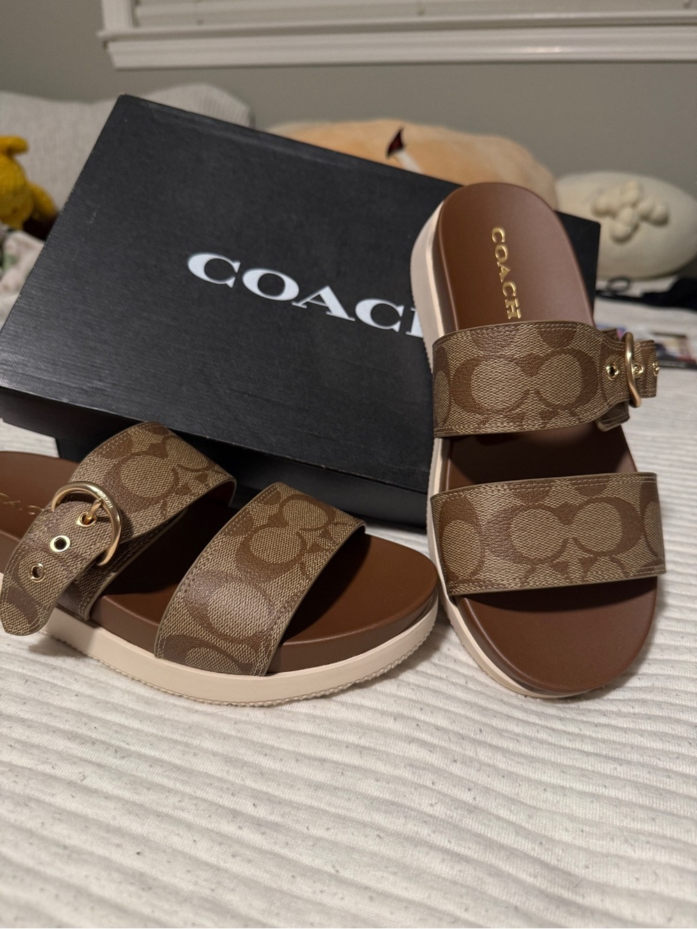 Coach Brown Signature Double-Strap Slide Sandals with Buckle - Picture 2 of 4